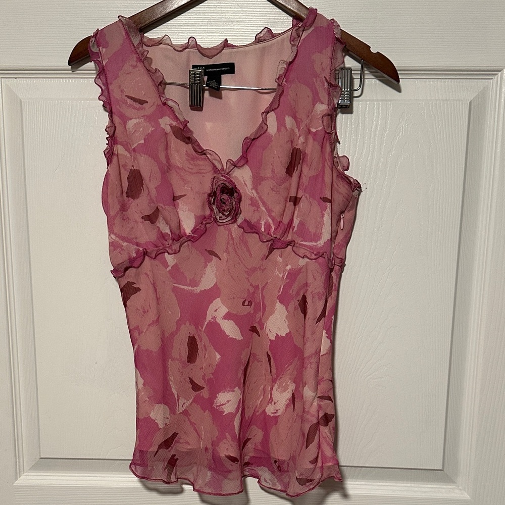 INC International Concepts Pink Floral Ruffle Blouse Y2K M